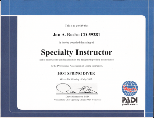 PADI certificate for PADI Hot Spring Diver Instructor